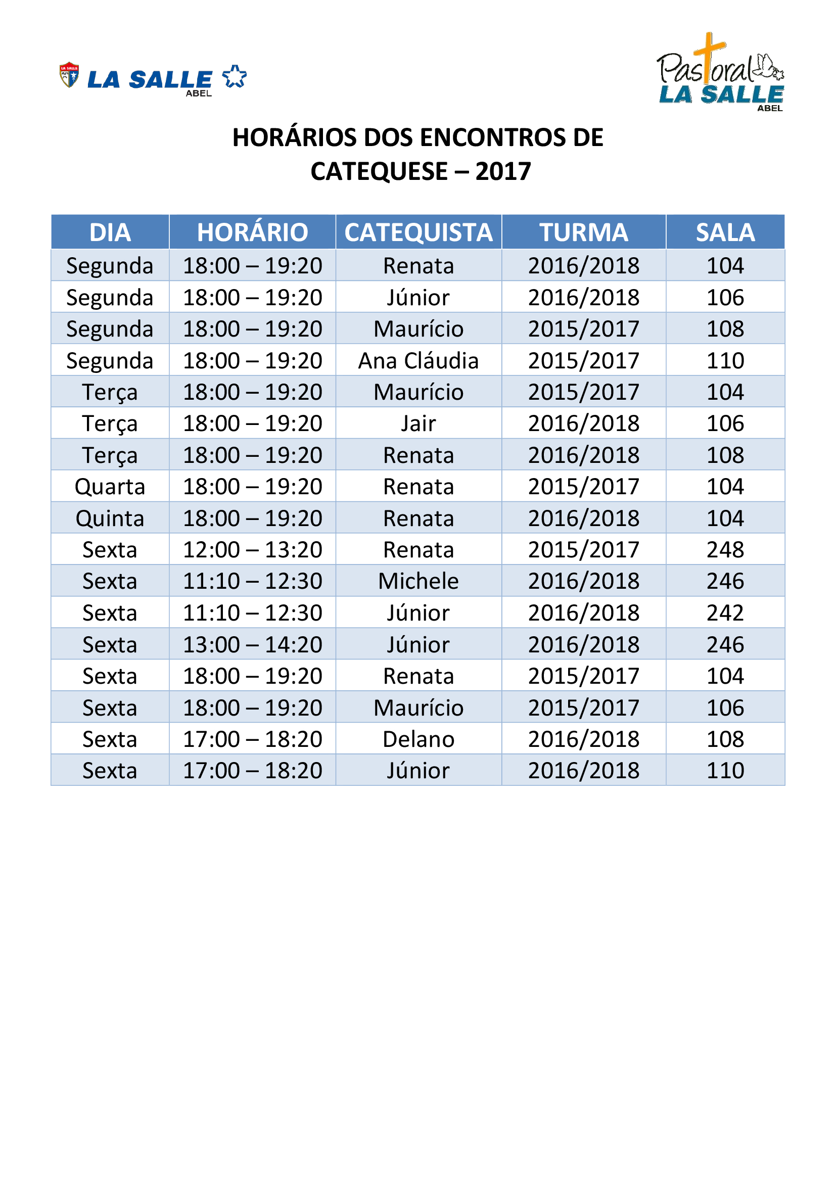 HORÁRIOS DA CATEQUESE 2017